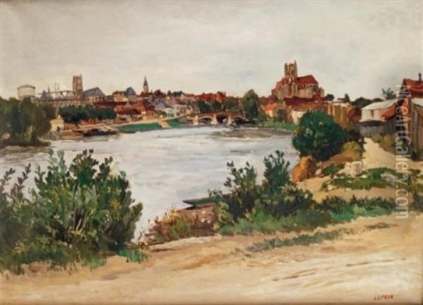 Auxerre, Les Bords De L'yonne Et La Cathedrale Oil Painting - Marcel Francois Leprin