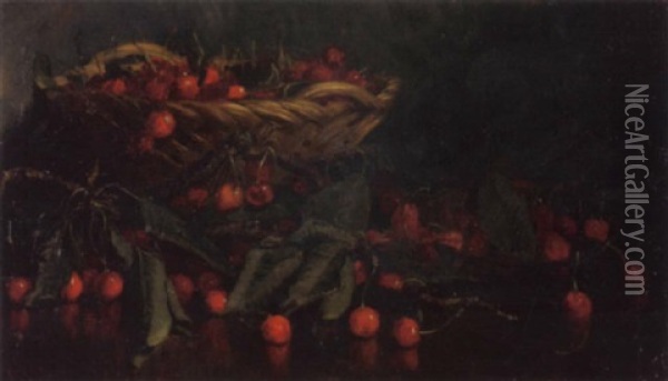 Stilleben Mit Kirschenzweigen Und Kirschen In Flechtkorb Oil Painting - Ernest Victor Hareux