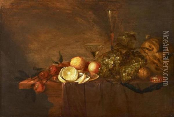 Still Life With Fruit And Wine Glasses Oil Painting - David Davidsz. De Heem