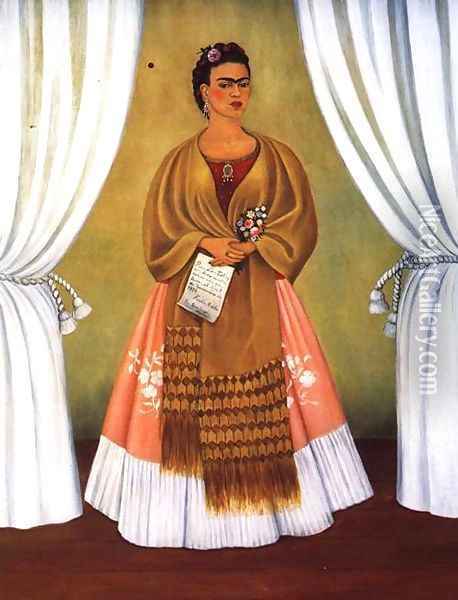 Self Portrait Dedicated To Leon Trotsky Or Between The Curtains 1937 Oil Painting - Frida Kahlo
