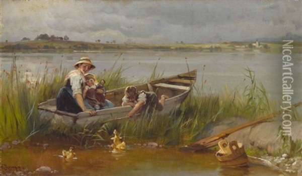 Familienidyll Am Seeufer Oil Painting - Karl Raupp