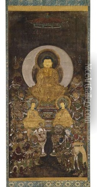 Buddhistische Malerei Mit Der Darstellung Des Buddha Shakyamuni Mit Begleitfiguren Oil Painting -  Anonymous-Japanese (Muromachi)
