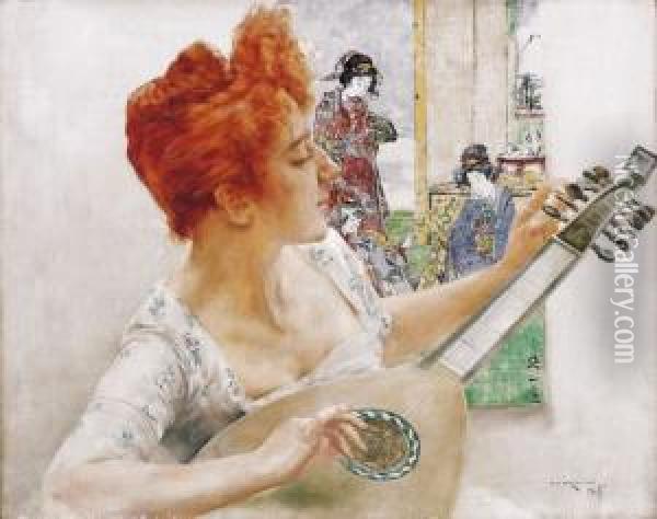 Woman With A Mandolin Oil Painting - Bertalan Karlovszky