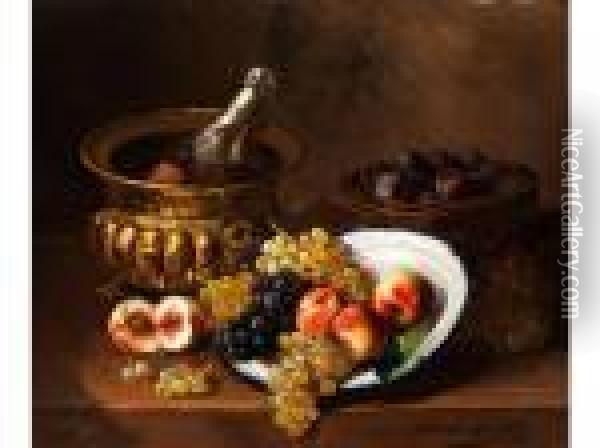 Stilleben Mit Fruchten Undchampagnerflasche Im Weinkuhler Oil Painting - Alphonse de Neuville