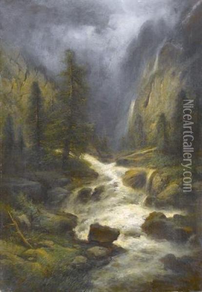 Gebirgsschlucht Mit Wasserfall Im Berner Oberland Oil Painting - Joseph Bernardi