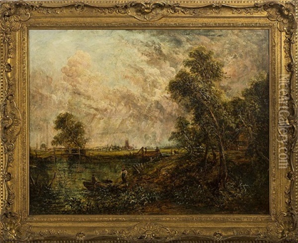 English Landscape With Village And Bridge Over A Stream Oil Painting - John Constable