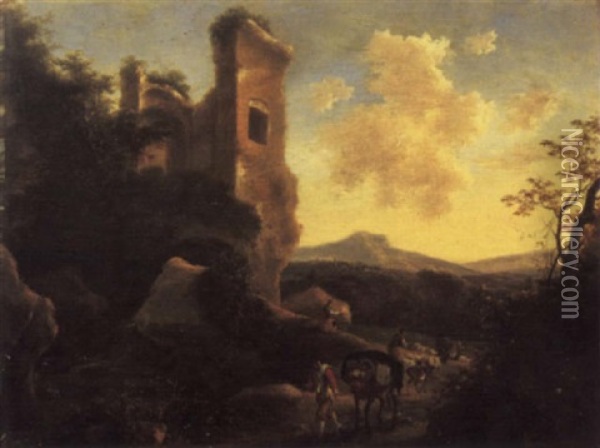 An Italianate Landscape With A Traveller, A Mule, A Shepherd And Farm Animals On A Track Beside A Classical Ruin Oil Painting - Willem de Heusch