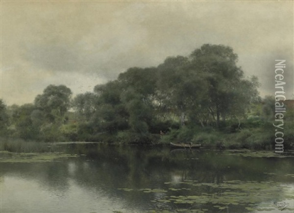 Stillness On A Lily Pond Oil Painting - Emilio Sanchez-Perrier