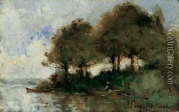 Flusslandschaft Mit Einer Person In Einem Ruderboot Oil Painting - Paul Trouillebert