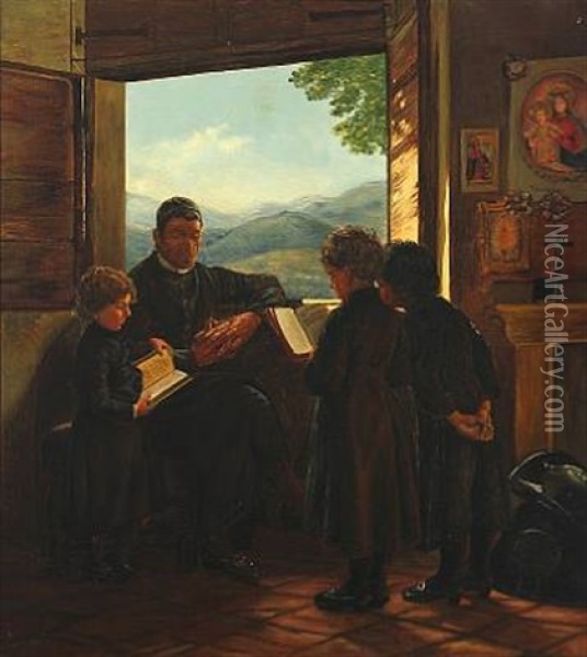 Interior From Italy With A Priest And Reading Children Oil Painting - Axel Theofilus Helsted