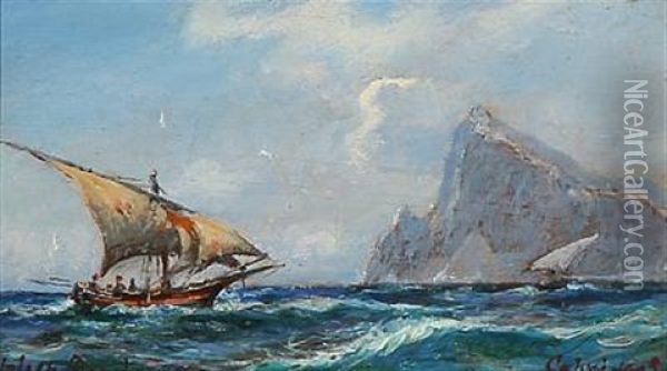 Sailing Ships Out Shore A Rocky Coastline, Capri Oil Painting - Holger Henrik Herholdt Drachmann