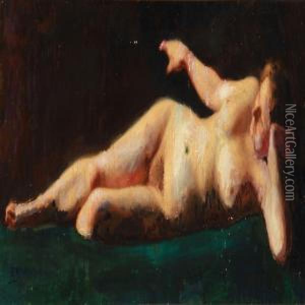 A Female Nude On A Green Couch Oil Painting - Emil Axel Krause