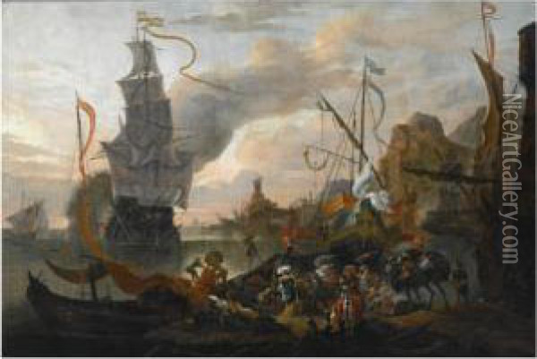 A Levantine Harbour With A Galley And A Man-of-war Coming In To Anchor, Together With Many Figures On Shore Oil Painting - Hendrik van Minderhout