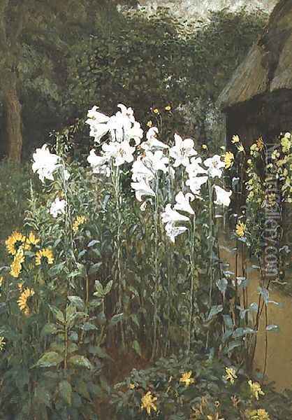 Madonna Lilies in a Garden Oil Painting - Walter Crane