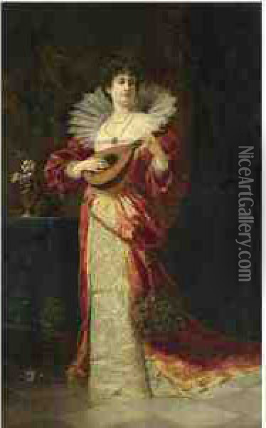 Dame Mit Laute (lady With Lute) Oil Painting - Ferdinand Ii Wagner