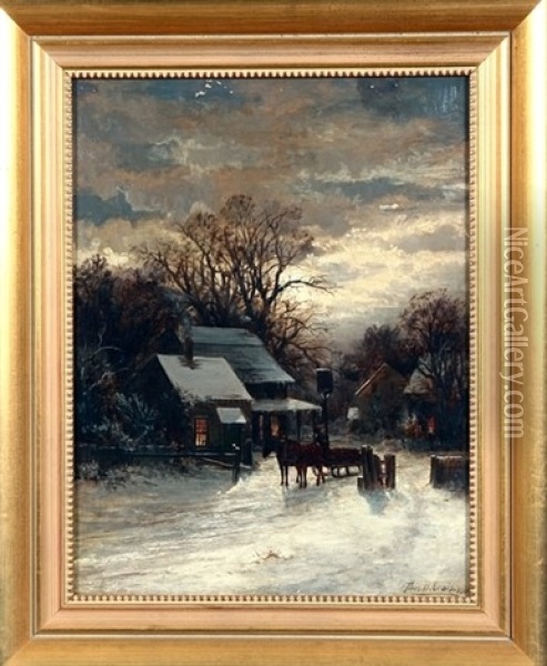 Nocturnal Winter Scene With Village And Horsedrawn Wagon Oil Painting - Thomas Bigelow Craig