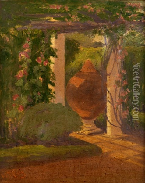 Garden Scene With A Trellis And A Large Urn Oil Painting - Louis Comfort Tiffany