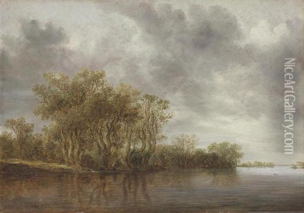 A Wooded River Landscape With Boatmen Near The Bank Oil Painting - Jan van Goyen