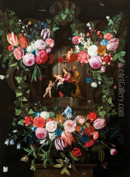 Bloemenguirlande Met Heilige Familie En De Kleine Johannes De Doper Oil Painting - Jan van Kessel the Elder