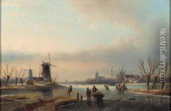 Numerous Skaters On A Frozen Waterway Oil Painting - Jan Jacob Coenraad Spohler