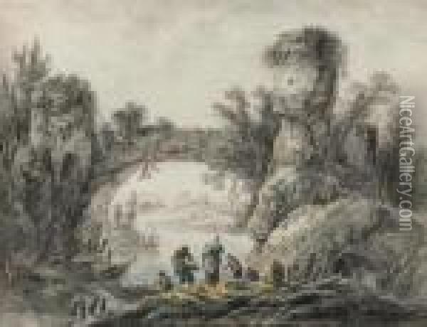 River Landscape With Fishermen. Oil Painting - Jean-Baptiste Pillement