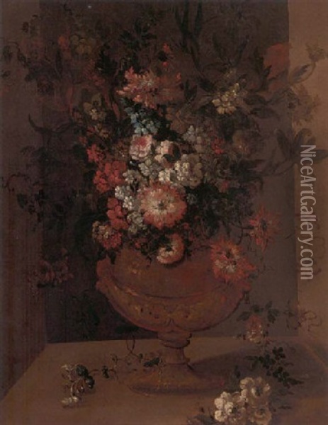 Carnations, Roses, Bluebells, Narcissi And Other Flowers In A Gift Urn On A Ledge Oil Painting - Jean-Baptiste Monnoyer