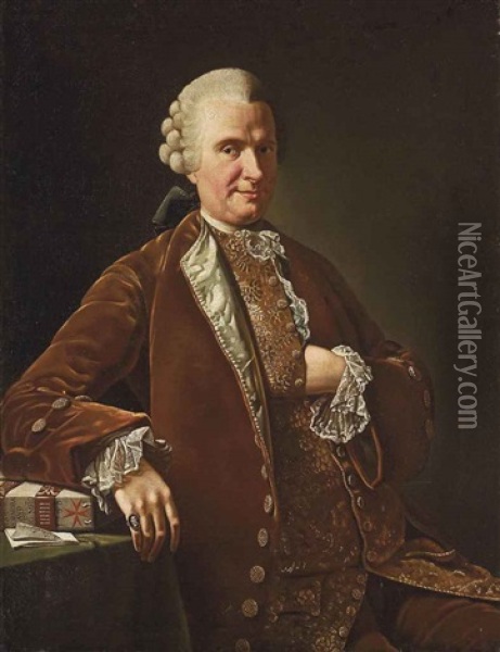Portrait Of A Gentleman Seated, In A Rust Coat And Gold Embroidered Waistcoat, His Right Hand Resting On A Book Oil Painting - Giovanni Francesco Briglia