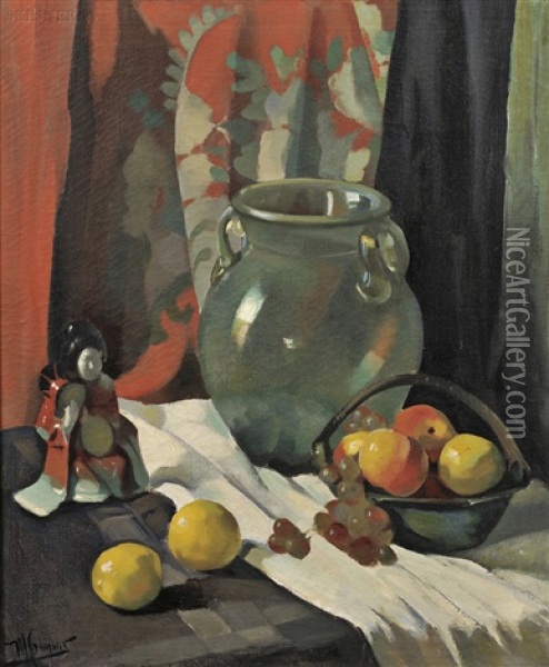 Still Life With Fruit, Jar, And Figurine Oil Painting - Maurice Compris