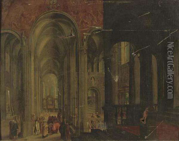 Christ And The Woman Taken In Adultery, In A Gothic Church Interior Oil Painting - Pieter Ii Neefs
