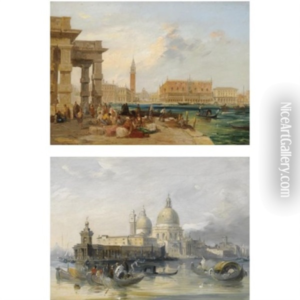 The Dogana, Venice, Looking Towards San Marco (+ The Grand Canal, Venice, With Santa Maria Della Salute And The Dogana; 2 Works) Oil Painting - Edward Pritchett