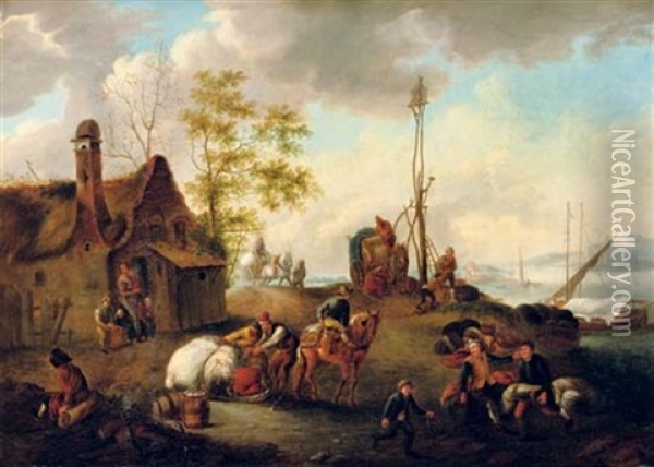 Peasants Transporting Thier Wares To A Harbour, A Cottage Nearby Oil Painting - Isaac Van Ostade