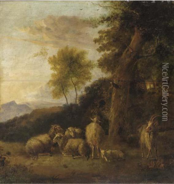 A Wooded Landscape With A Group Of Sheep And Goats Resting Oil Painting - Balthasar Paul Ommeganck