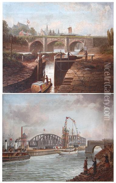 'the Old Aquaduct - Barton (in 1880)' Andanother, Barton, The Ship Canal, With 'horseman' And 'snowdrop'passing, A Pair Oil Painting - Albert Dunnington