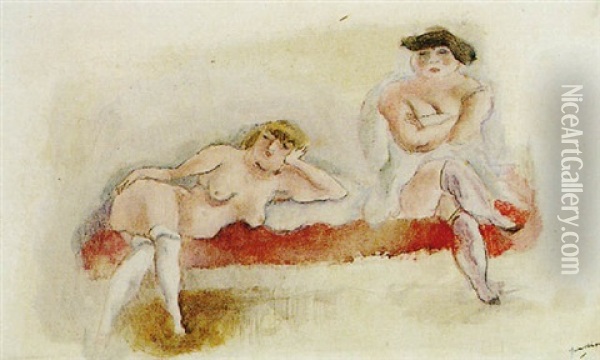 Two Nude Women Oil Painting - Jules Pascin