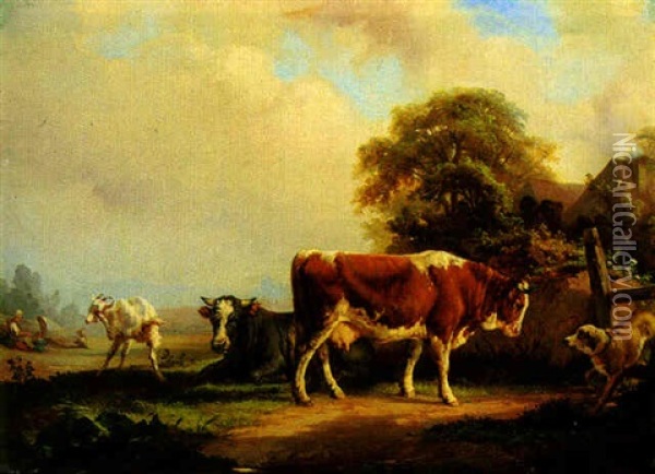 Cows Resting By A Cottage Fence Oil Painting - Jacques Raymond Brascassat
