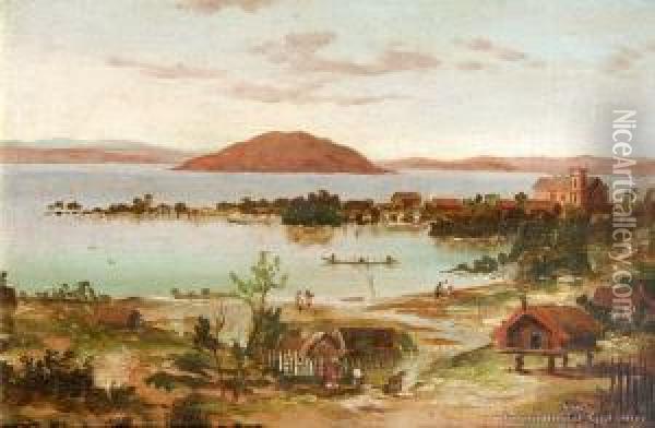 Rotorua And Mokoia Island From The Maori Settlement, Ohinemutu Oil Painting - Charles Blomfield
