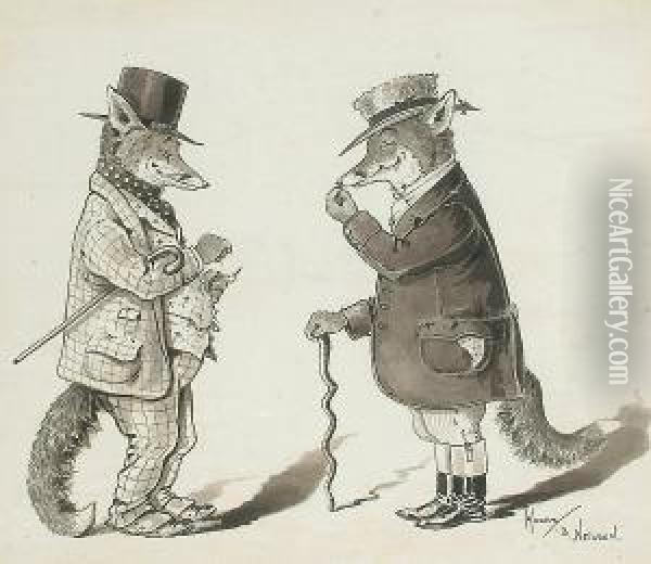 Caricature Of Two Foxes Oil Painting - Harry B. Neilson