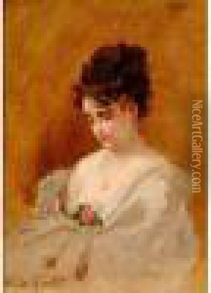 Portrait De Jeune Fille A La Rose, Circa 1875-76 Oil Painting - Norbert Goeneutte