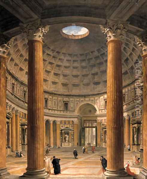 The interior of the Pantheon, Rome, looking north from the main altar towards the entrance, the Piazza della Rotonda beyond Oil Painting - Giovanni Paolo Panini