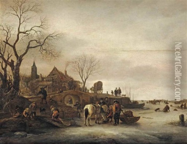A Winter Landscape With Figures Feeding A Horse On A Frozen Lake, A Church Spire Beyond Oil Painting - Isaac Van Ostade