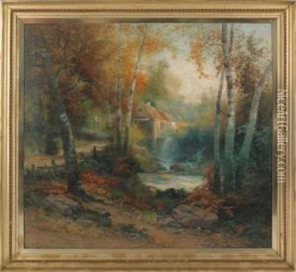 Oil On Canvas Landscape With Mill Oil Painting - Christopher H. Shearer