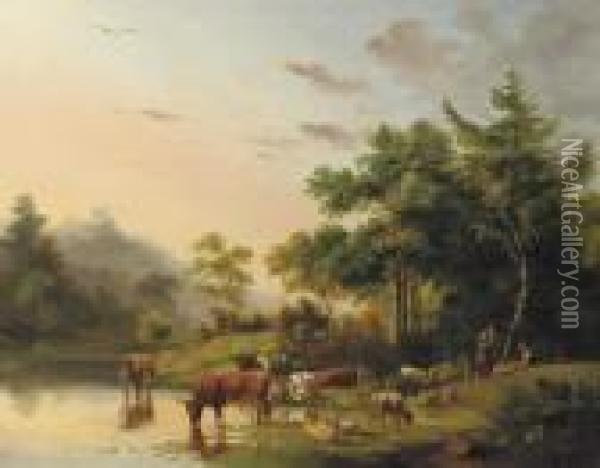 Cattle Drinking From The River Oil Painting - Pieter Gerardus Van Os