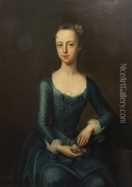 Portrait Of A Lady Seated In A Blue Dress With Flowers In Her Hair Oil Painting - Michael Dahl