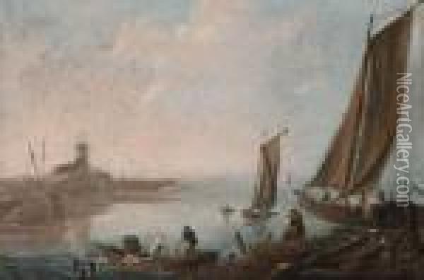Pecheurs Dans Une Barque Et Un Bateau Devant Un Rivagerocheux Oil Painting - Jean-Baptiste Pillement