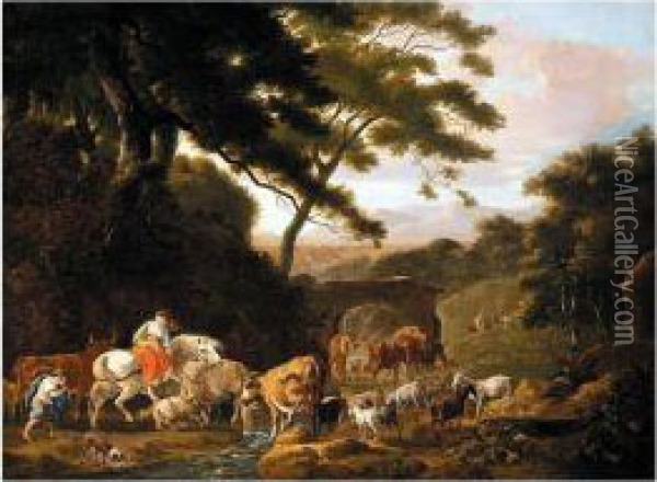Landscape With Drovers Beside A Stream Oil Painting - Johann Heinrich Menken