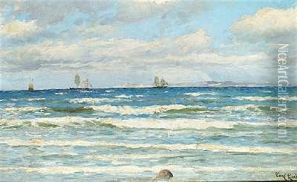 Kystparti Med Braekkende Bolger Og Skibe For Sejl Oil Painting - Carl Ludvig Thilson Locher