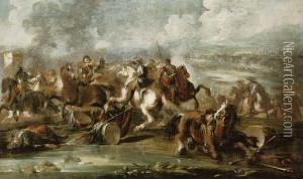 A Cavalry Skirmish On A Riverbank, A City Beyond Oil Painting - Francesco Simonini