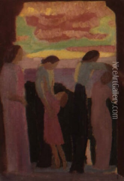 Marthe Denis Et Ses Enfants Au Balcon, Le Soir Oil Painting - Maurice Denis