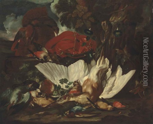 A Heron, A Woodpecker, A Mallard, And Other Game Birds, In A Wooded Landscape Oil Painting - Jan Baptist Weenix