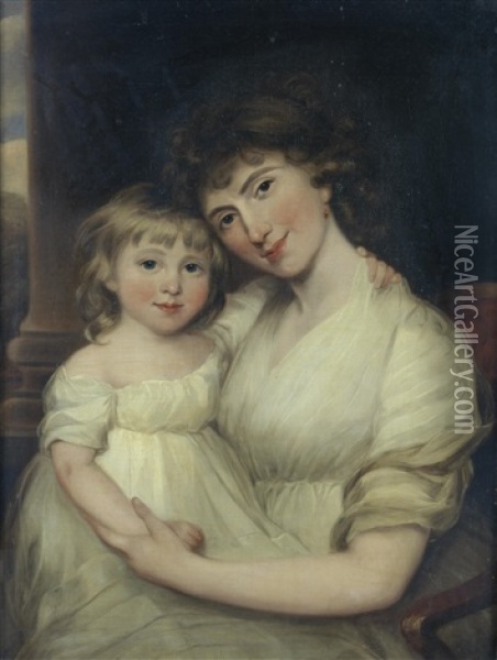 Portrait Of A Lady, In A White Dress, Seated, With Her Child Oil Painting - Sir John Hoppner